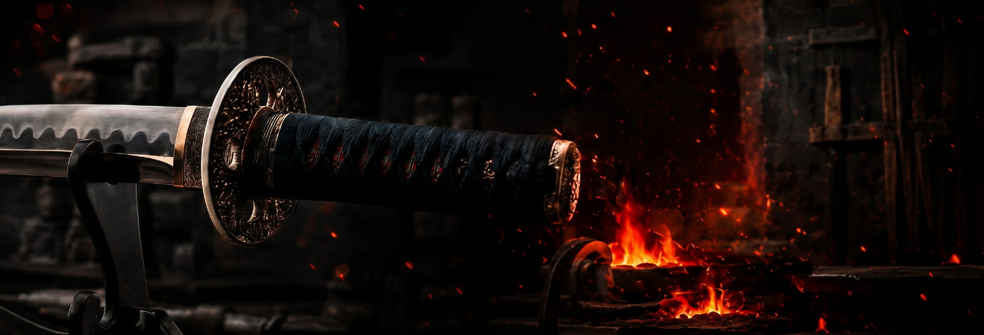 Japanese katana on a stand in front of a forge